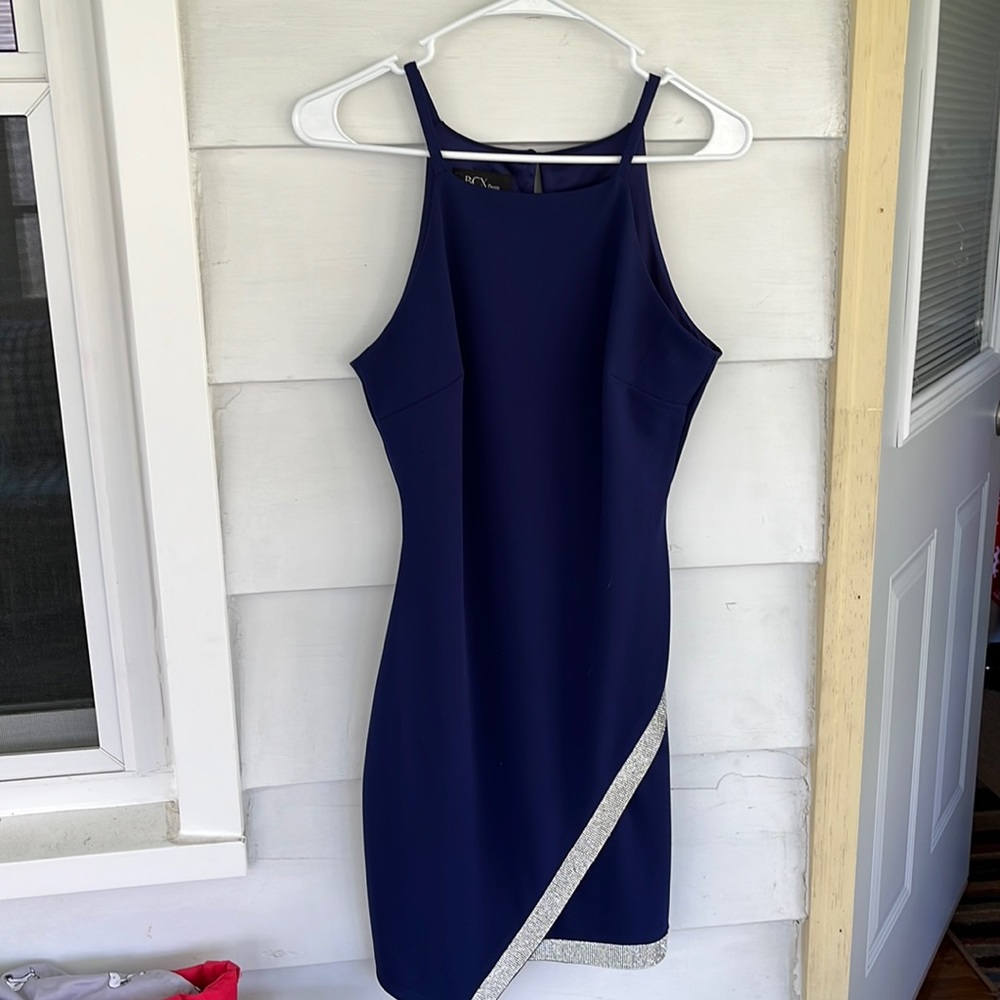 Navy Blue homecoming/ formal dress with asymmetrical rhinestones